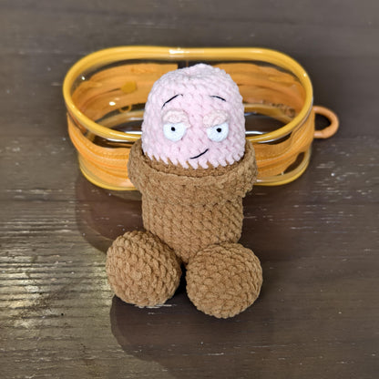 Handmade Knitted Penis Plush Doll – With Condom Hat & Keychain Protector – Funny Gag Gift