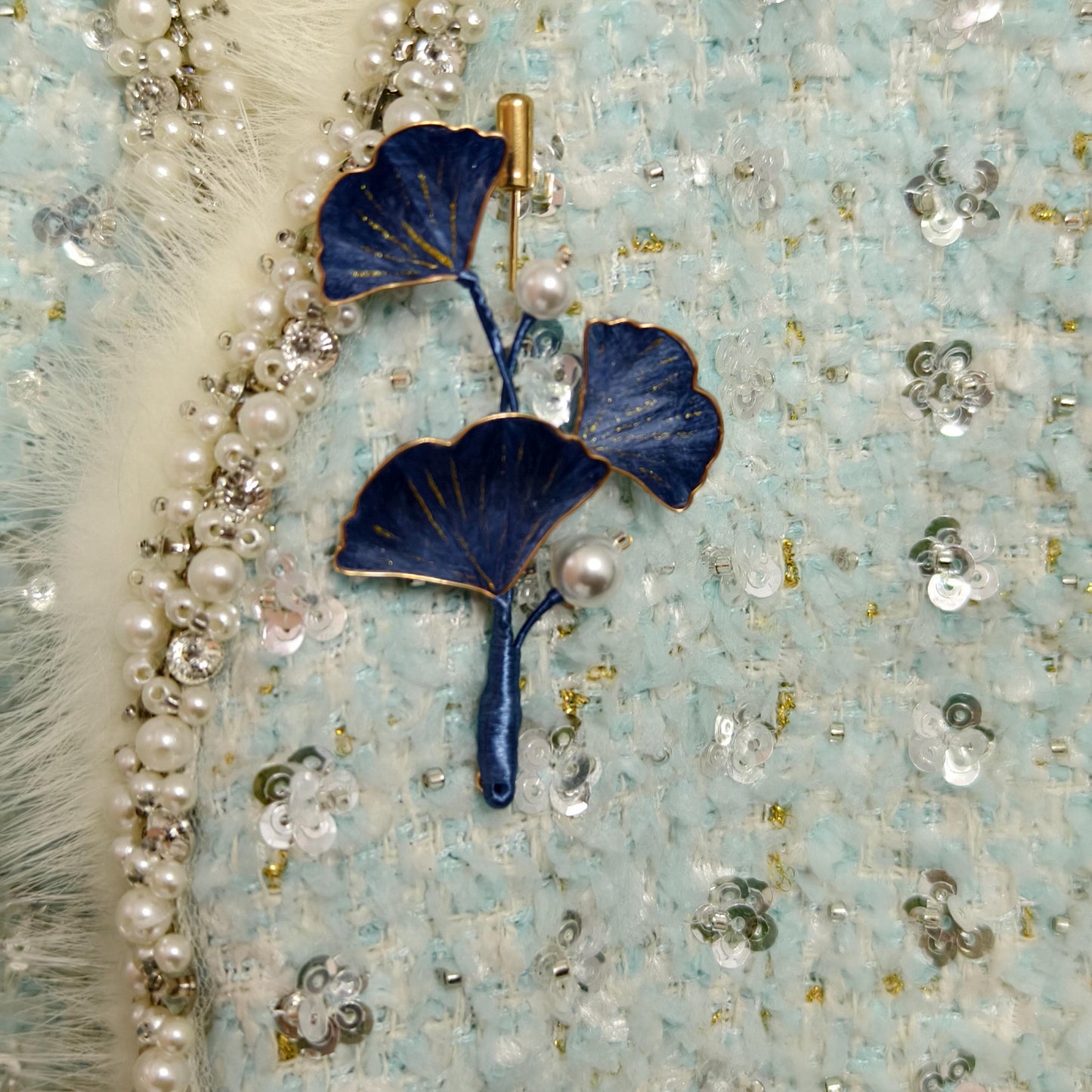 Ginkgo Leaf Pearl Silk Brooch
